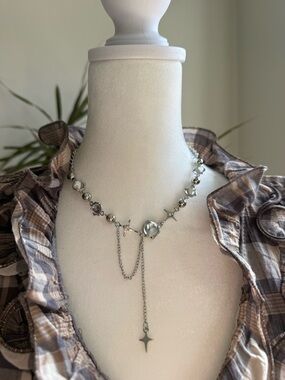 Y2k Celestial Silver Crystal Accent Cross Lariat Necklace -  Unisex Jewelry